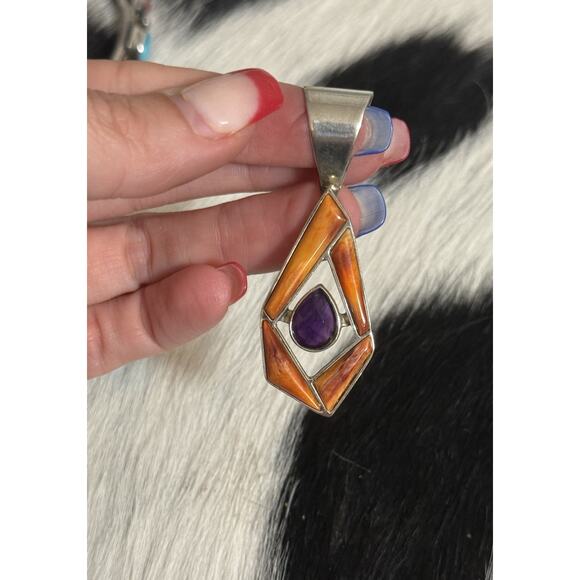 Southwest Jewelry - Huge Sterling Silver Jay King DTR Orange Spiny Amethyst Pendant Freeform